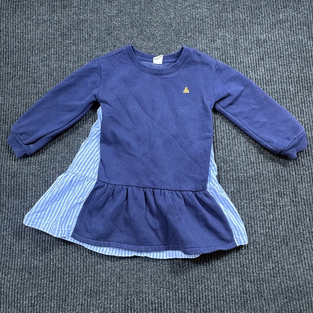 Baby Gap Dress Girls 4Y Navy Blue Striped Mixed Media Sweatshirt Ruffle Bear